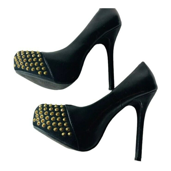 Brash Womens Stiletto Pumps Gold Studs Heels Black Faux Leather Shoes Size 8 - Picture 4 of 9